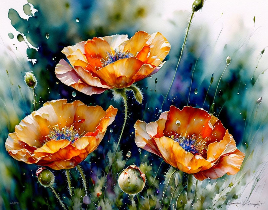 Colorful watercolor painting of three blooming poppies in a vibrant setting