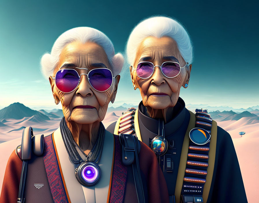 Elderly Women in Futuristic Attire with Gadgets in Desert Setting