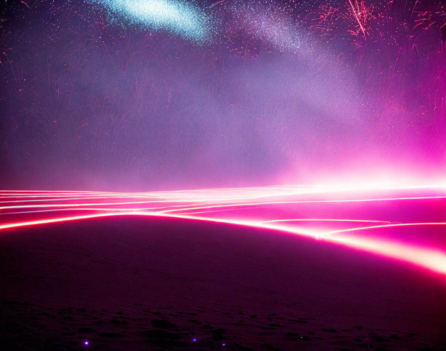 Pink and Blue Light Trails on Dark Surface: High-Energy Futuristic Scene