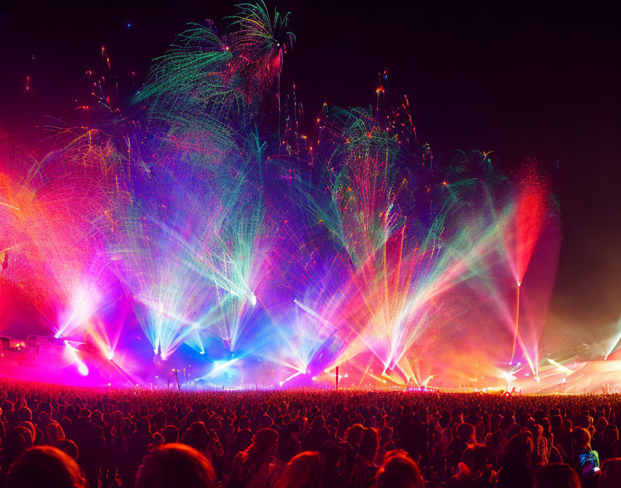 Colorful fireworks and laser lights illuminate evening event crowd
