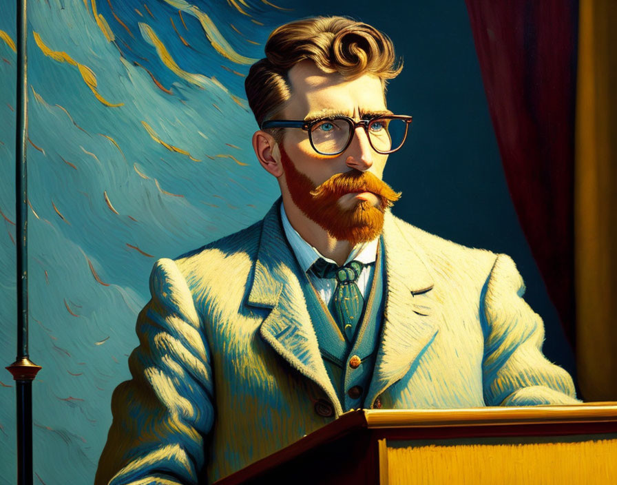 Stylized portrait of a man with mustache and glasses in blue suit against Van Gogh-style