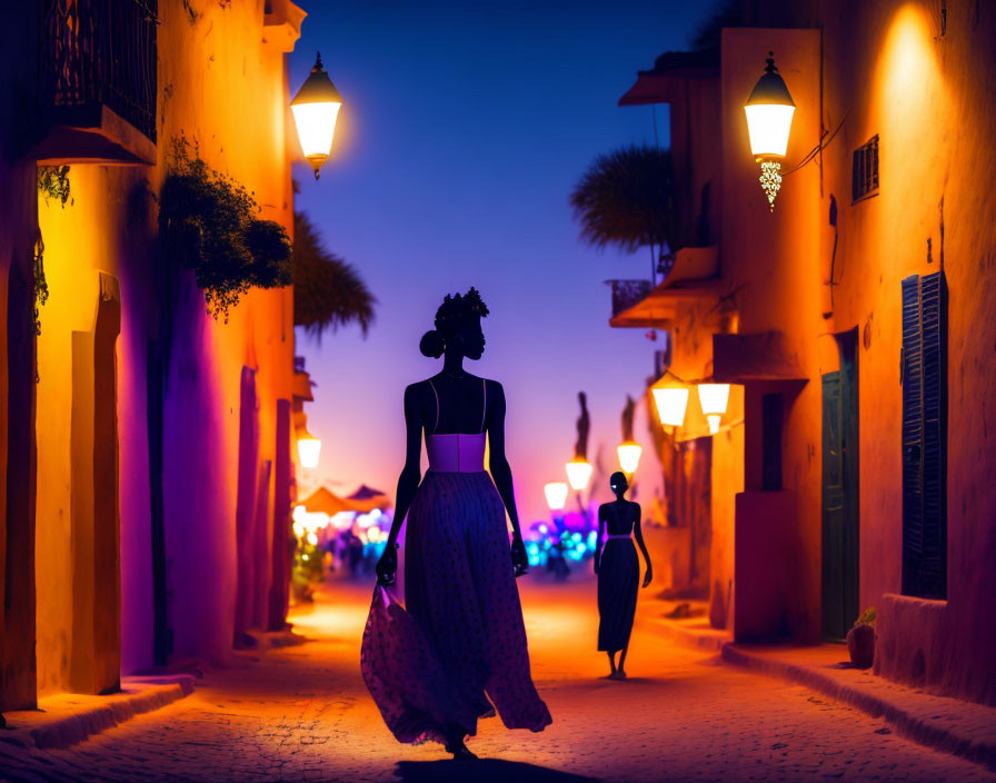 Tranquil dusk scene: Woman walking on lamp-lit street