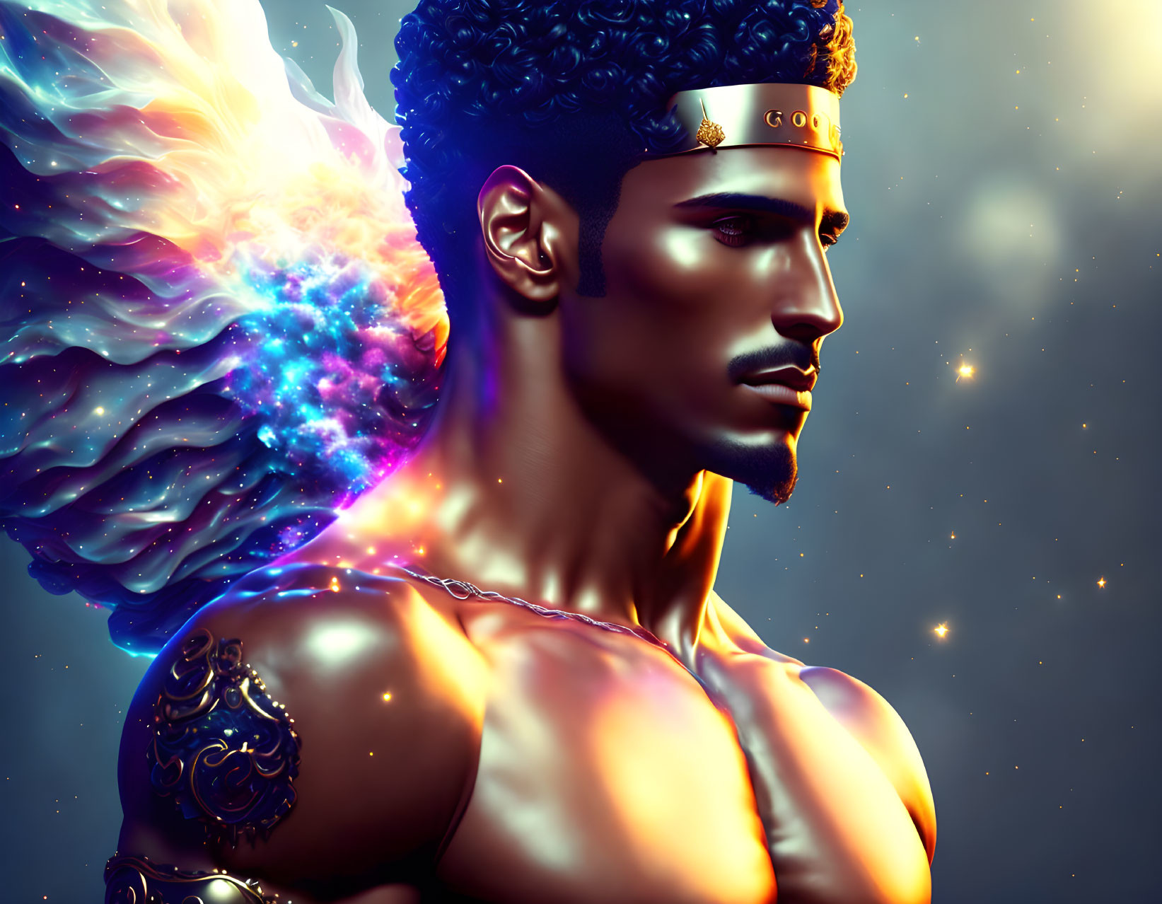 Masculine figure with golden headband and ethereal wings on cosmic background