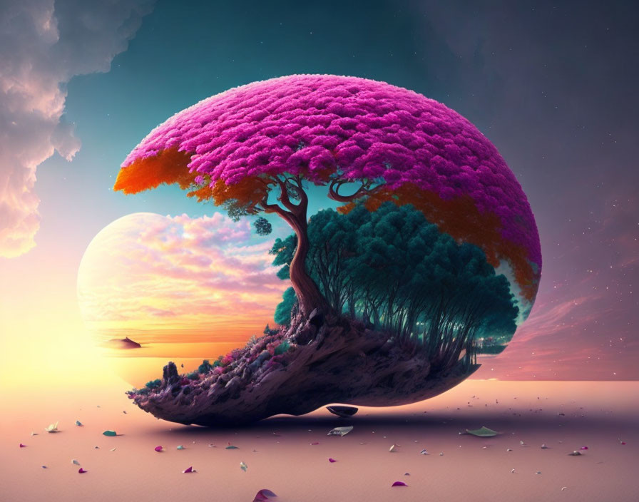 Surreal landscape with tree canopy forming half sphere under pastel sky