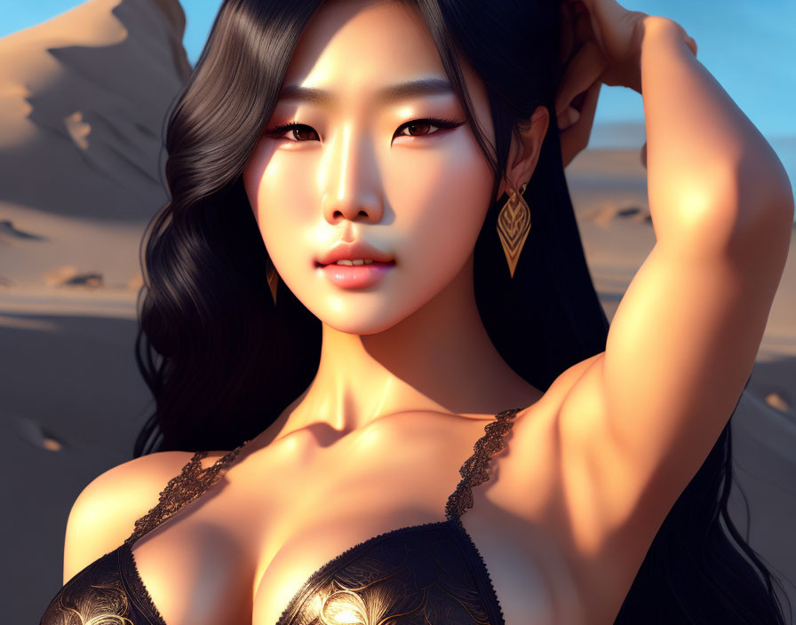 Woman with long dark hair, gold earrings in black lace top, 3D rendering in desert sunset