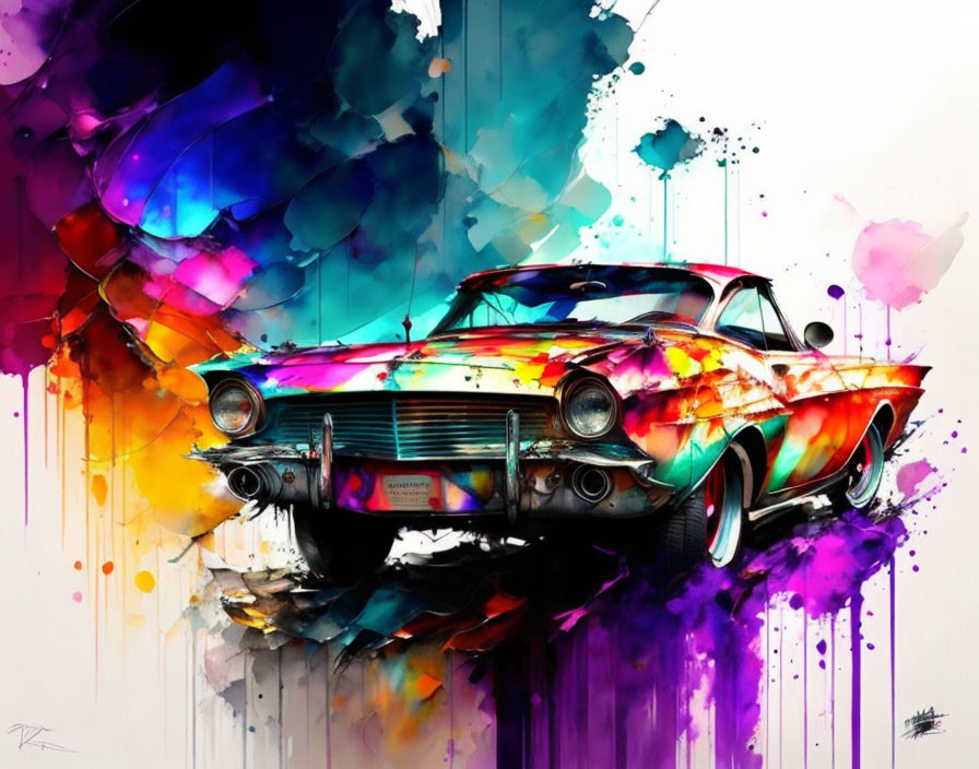 Colorful Abstract Artwork of Classic Car with Paint Splashes