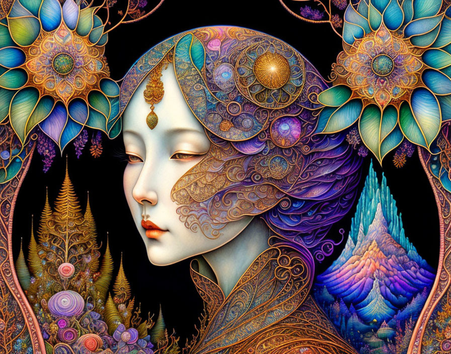 Colorful portrait of a woman with floral patterns in a fantastical landscape