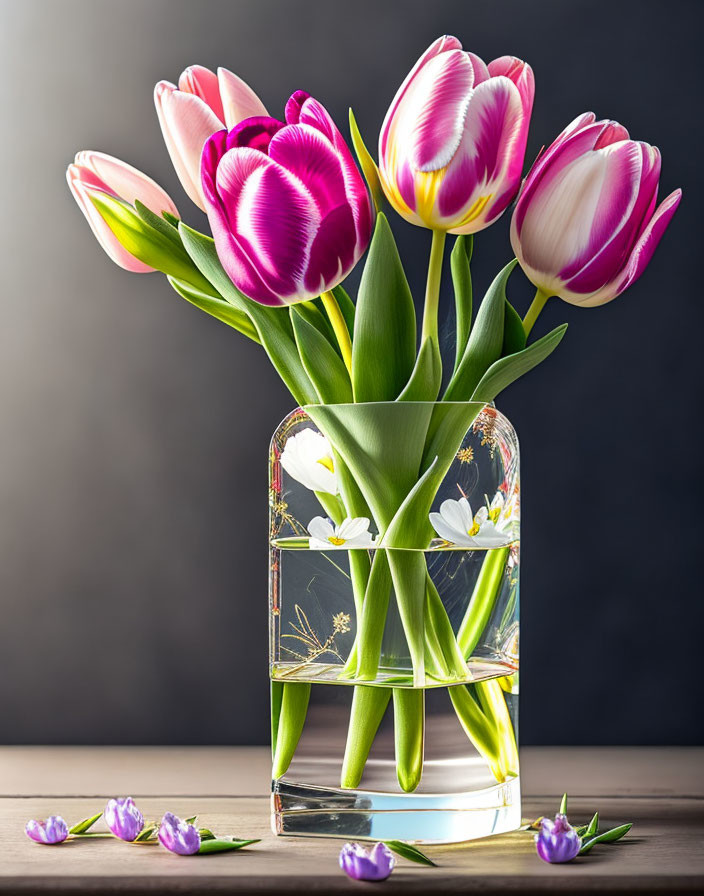 Pink and White Tulip Bouquet in Glass Vase on Dark Background