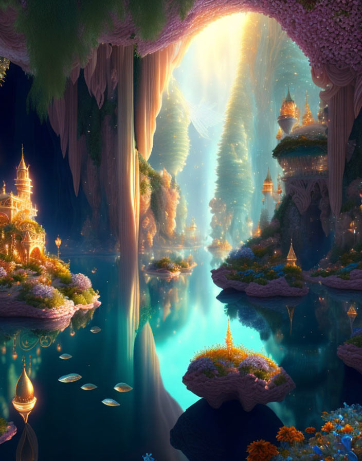 Fantasy landscape with floating islands and glowing plants