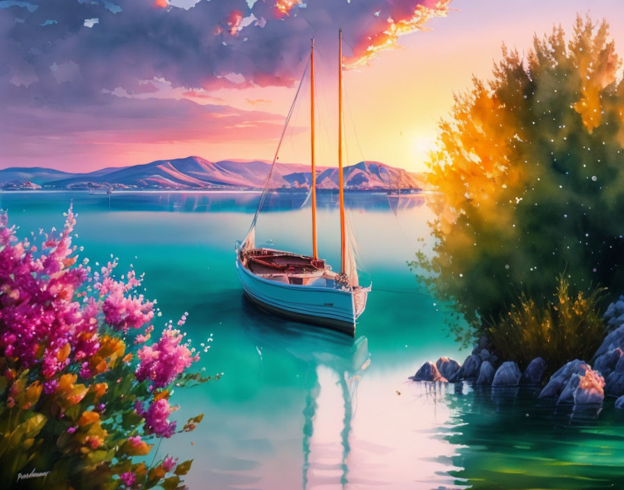 Sailboat moored at lakeshore with vibrant sunset scenery