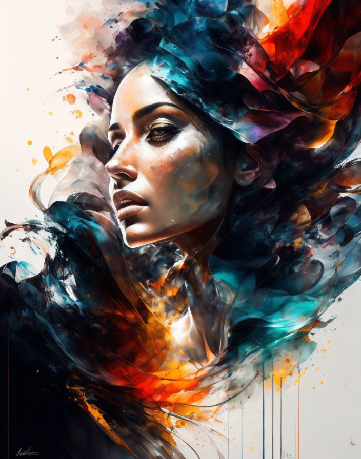 Vibrant digital artwork: Woman's profile merges with colorful, abstract paint splatters