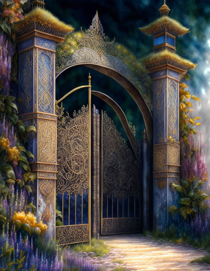 Intricate Golden Gates in Lush Garden Setting