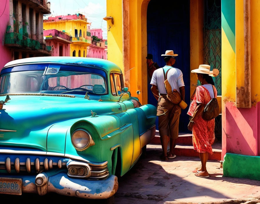 Colorful street scene with classic blue car and three individuals near vibrant buildings.