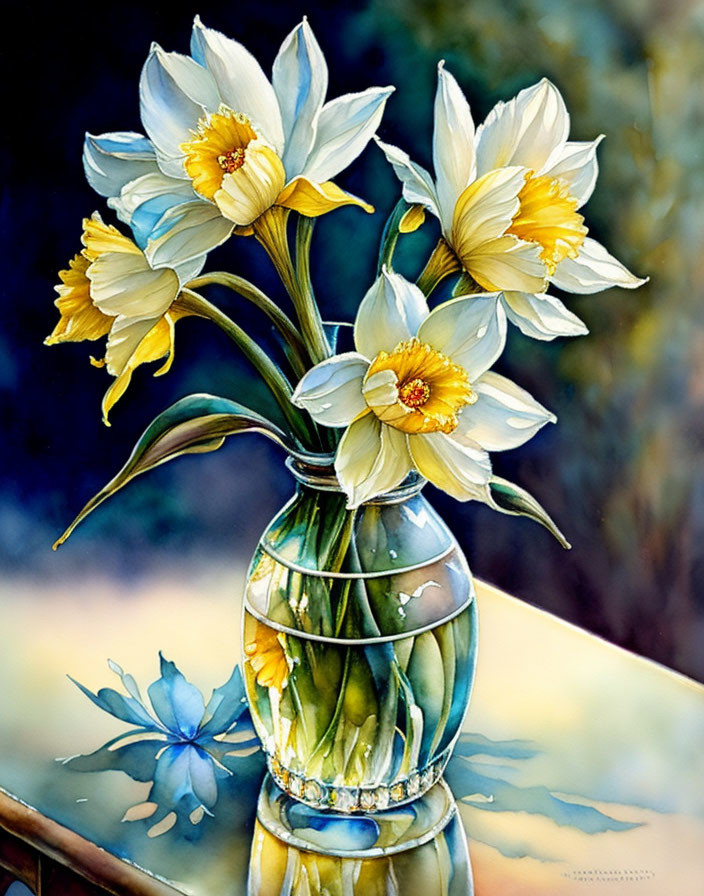 Detailed watercolor painting of daffodils in glass vase