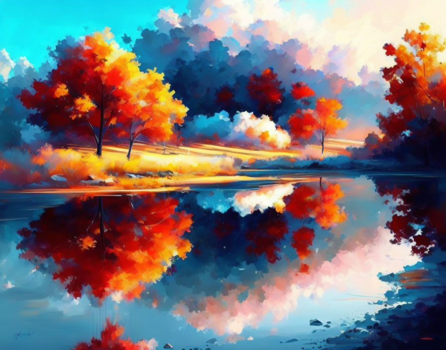 Colorful Autumn Trees Reflected in Tranquil Lake