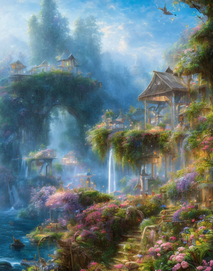 Enchanting village with waterfalls, flowers, and cliff houses in golden sunlight and mist