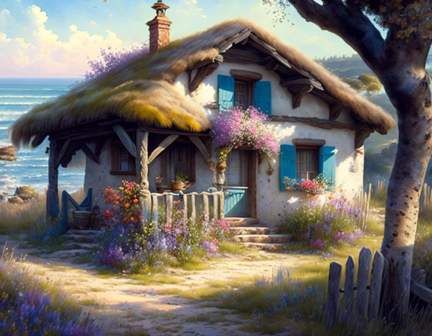 Thatched Roof Cottage Surrounded by Sea and Flora