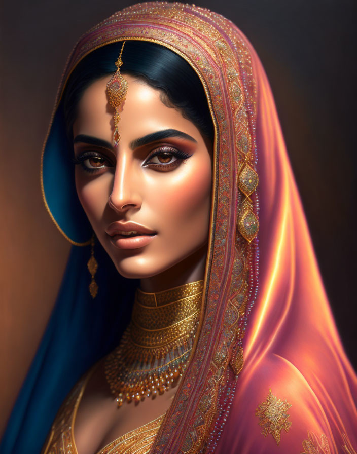 Digital portrait: Indian woman in traditional attire with orange veil and blue ombre hair