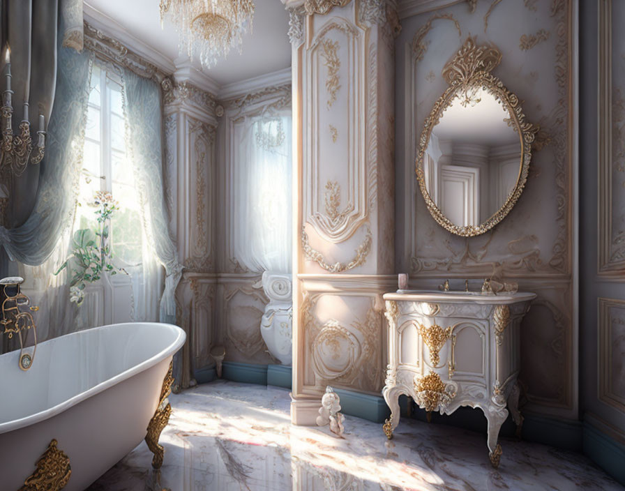 Luxurious Bathroom with Claw-Foot Tub, Gold-Trimmed Mirror, Chandelier, and Sun