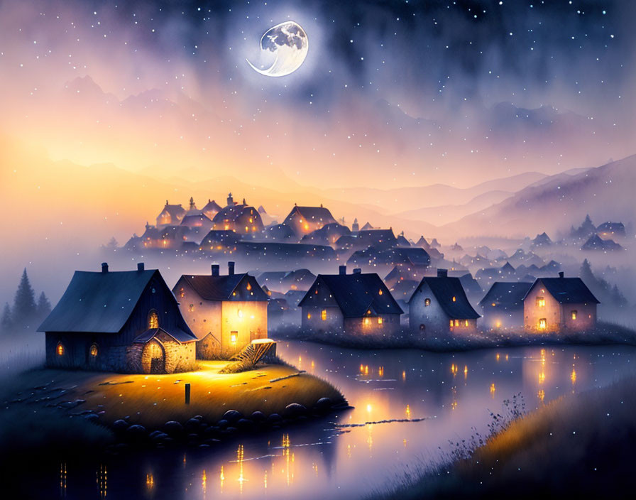 Peaceful village scene at dusk with illuminated houses, calm river, starry sky.