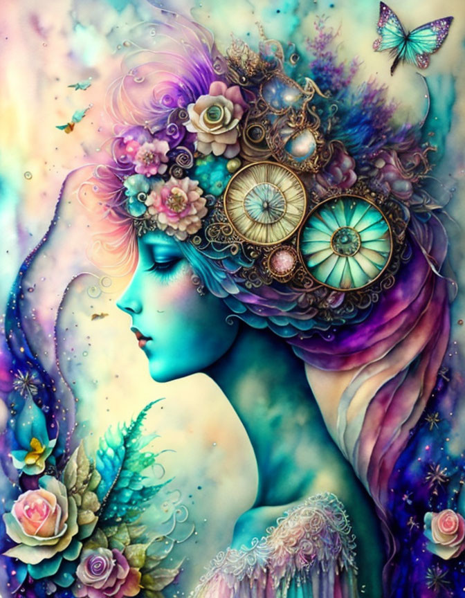 Ethereal woman with floral and clockwork hair adornments and butterfly in colorful illustration