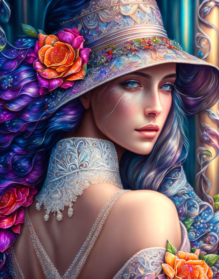 Digital artwork: Woman with vibrant blue eyes, multicolored hair, floral hair accessories, intricate hat