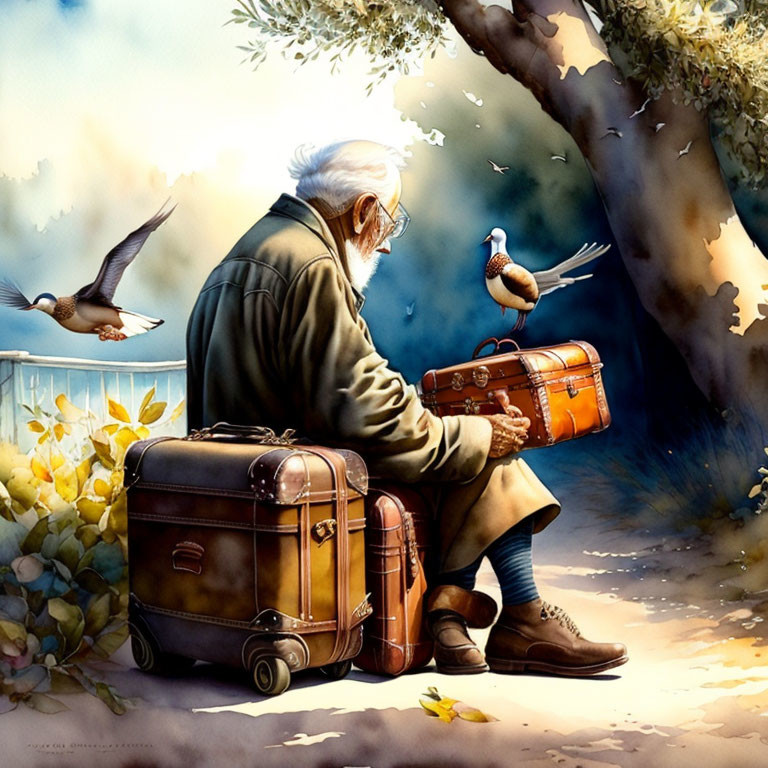 Elderly man with white hair and birds in peaceful outdoor scene