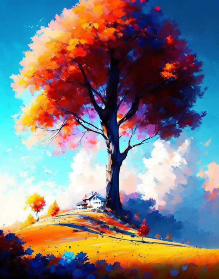 Colorful painting of a large tree with red and orange leaves beside a white house under a blue sky