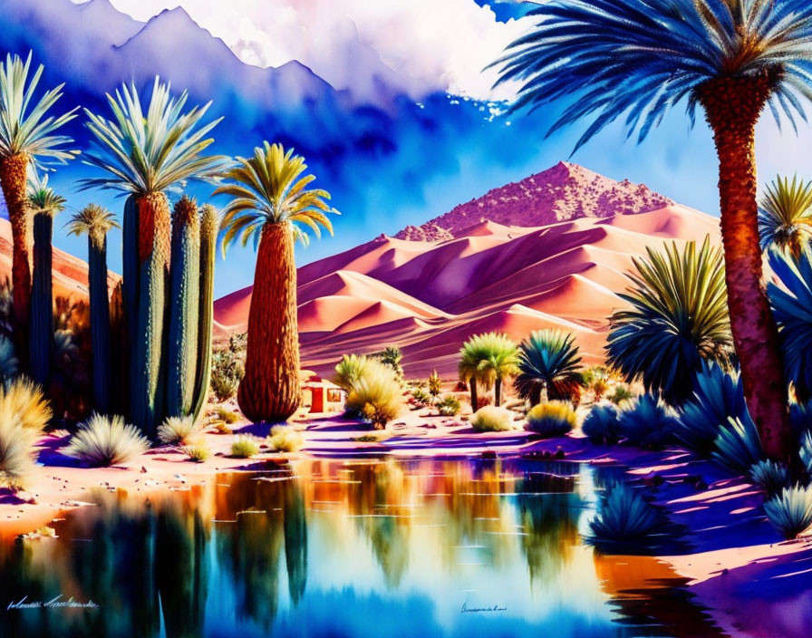 Colorful oasis with palm trees and red sand dunes reflected in water.