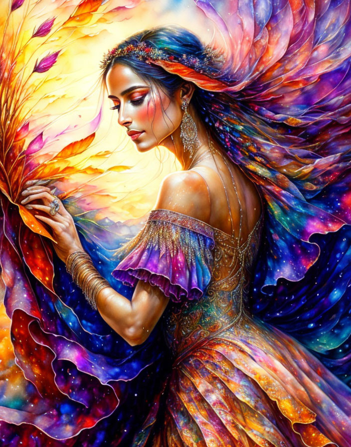 Colorful Woman Painting with Cosmic Aura and Feather Detail