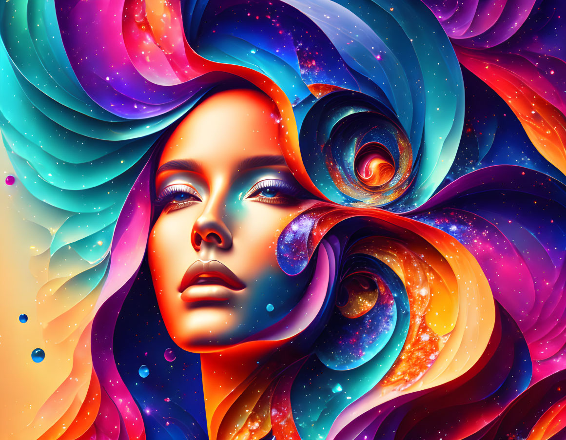 Colorful digital artwork: Woman's face with cosmic patterns and stars.