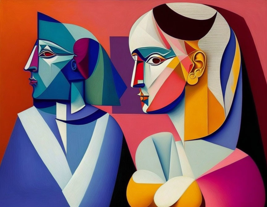 Vibrant Cubist painting of two abstract profiles in contrasting colors