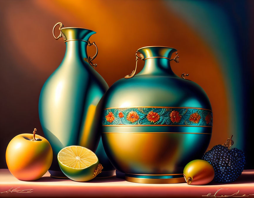 Ornate floral vases and fruit on table with gradient background