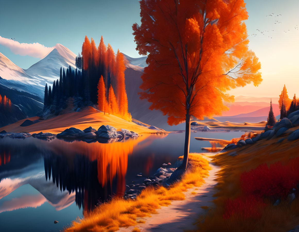 Tranquil autumn landscape: orange trees, lake reflection, snow-capped mountain