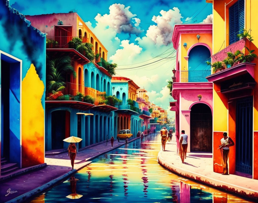 Vibrant street scene with colorful buildings and pedestrians by a reflective waterway