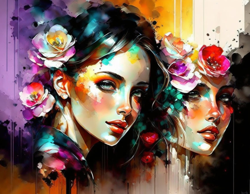 Colorful watercolor painting of two women with floral hair, expressive eyes, warm and cool tones