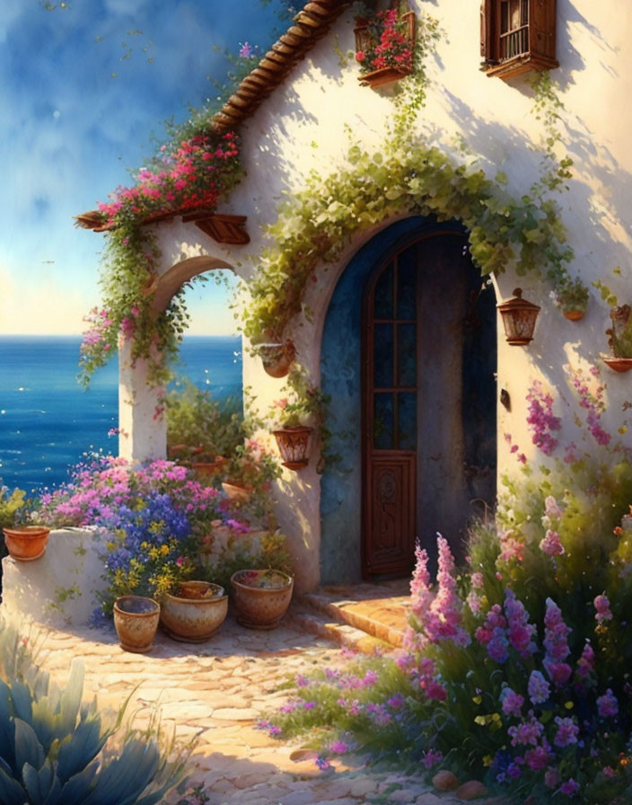 Stone cottage with vibrant flowers by the sea
