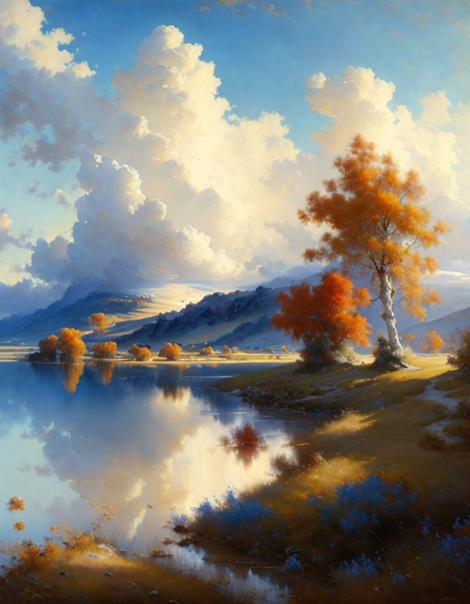 Tranquil landscape painting: calm lake, autumn trees, blue sky