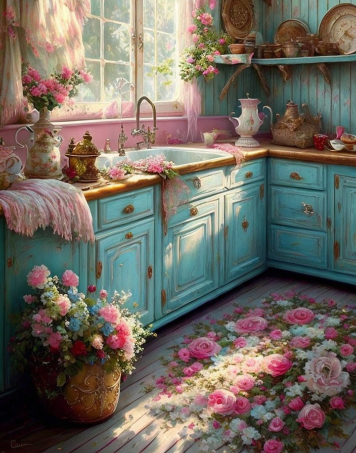 Vintage Kitchen with Teal Cabinets & Floral Decorations