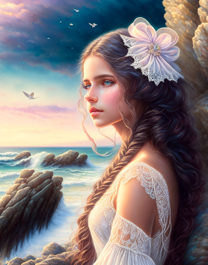 Woman with flower in hair gazes at sunset on cliff by the sea