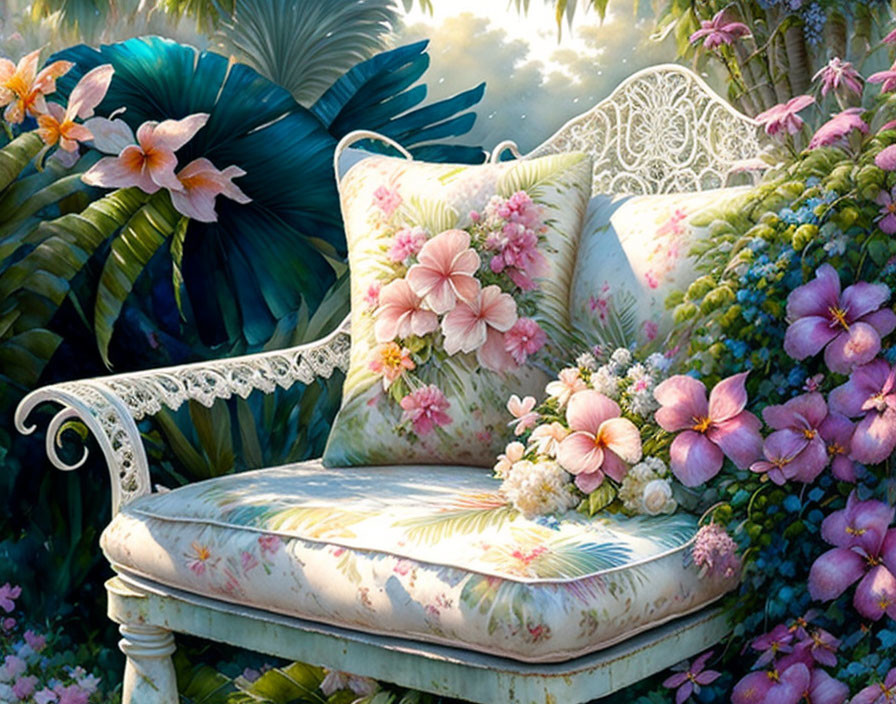 White Bench with Floral Cushions in Lush Garden Oasis