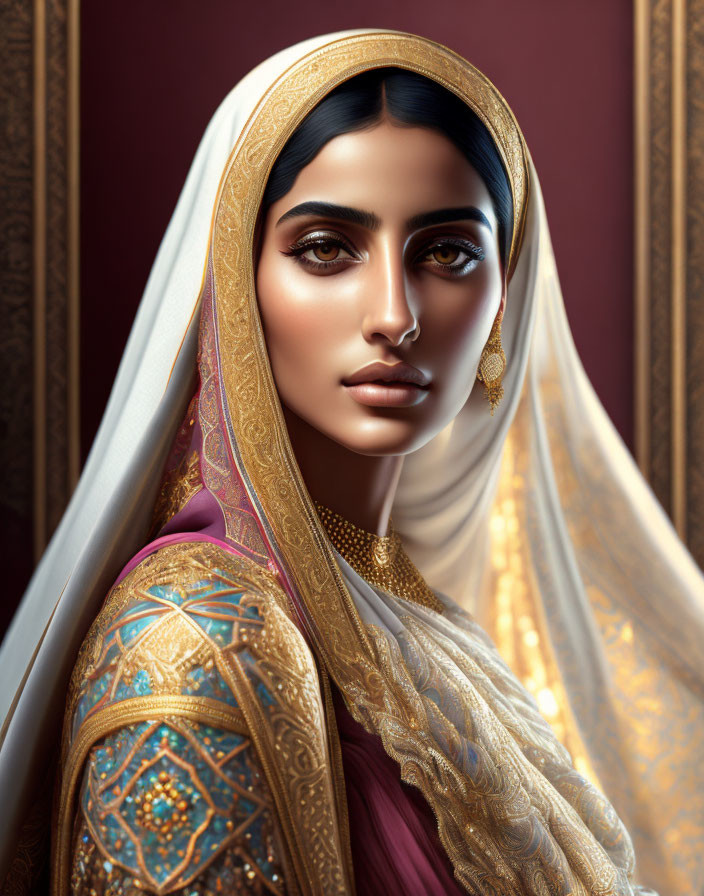 Traditional South Asian Attire with Gold-Trimmed Veil and Jewelry