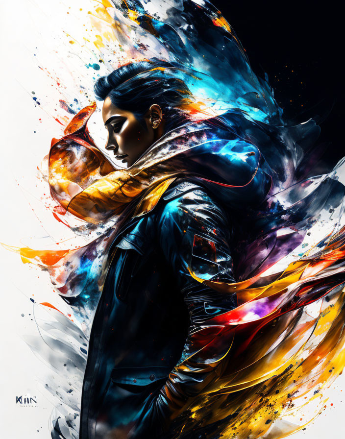 Vibrant Abstract Digital Painting of Person with Colorful Motion Flow