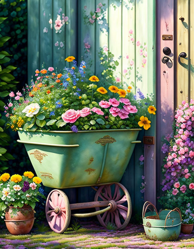 Vibrant flower-filled vintage wheelbarrow in colorful garden scene