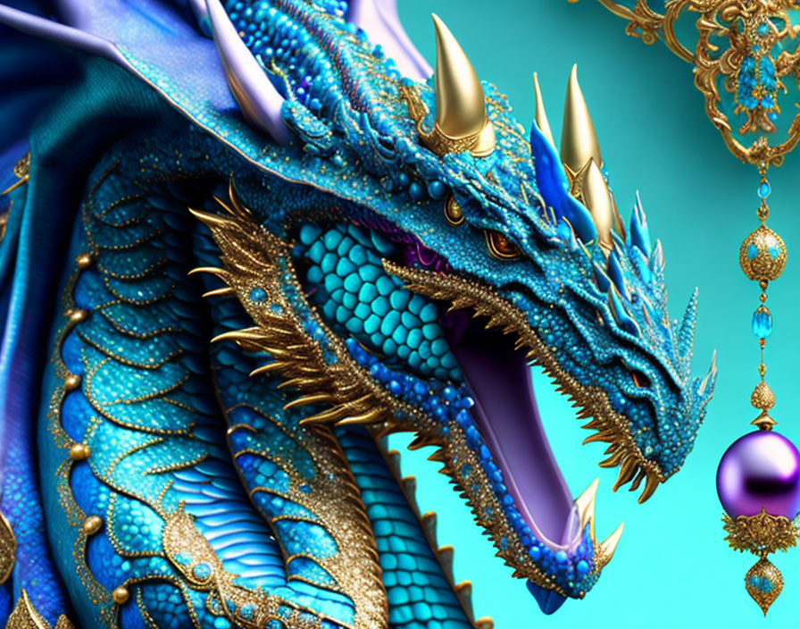 Blue dragon with golden horns and intricate scales on teal background with ornate gold and purple ornaments.