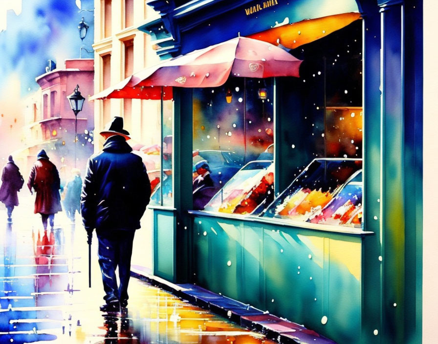 Colorful Watercolor Painting of Person Walking by Storefront on Rainy Day