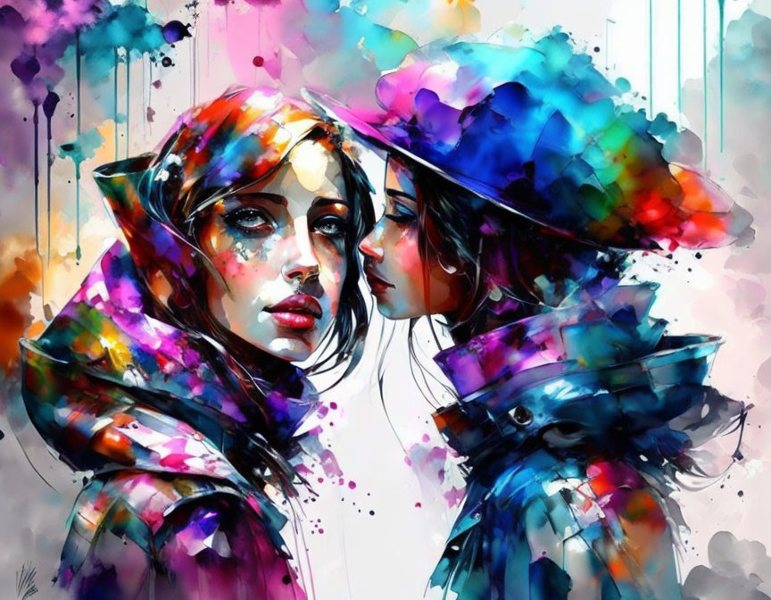 Vibrant painting of two women with dripping paint, one wearing a hat