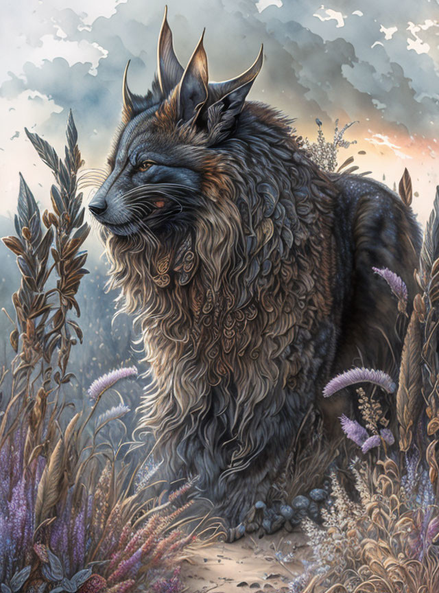 Majestic wolf illustration in wildflower meadow under overcast sky
