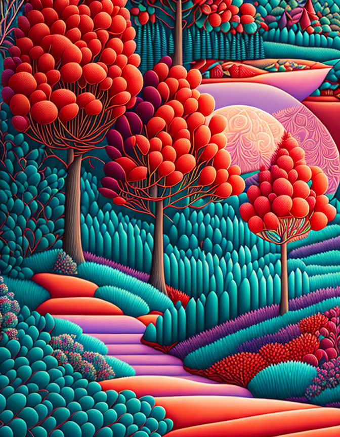 Surreal landscape with stylized trees in vivid reds and pinks