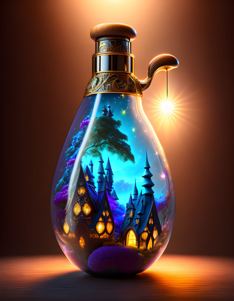 Fantastical potion bottle with elaborate metallic cap and glowing starry scene.